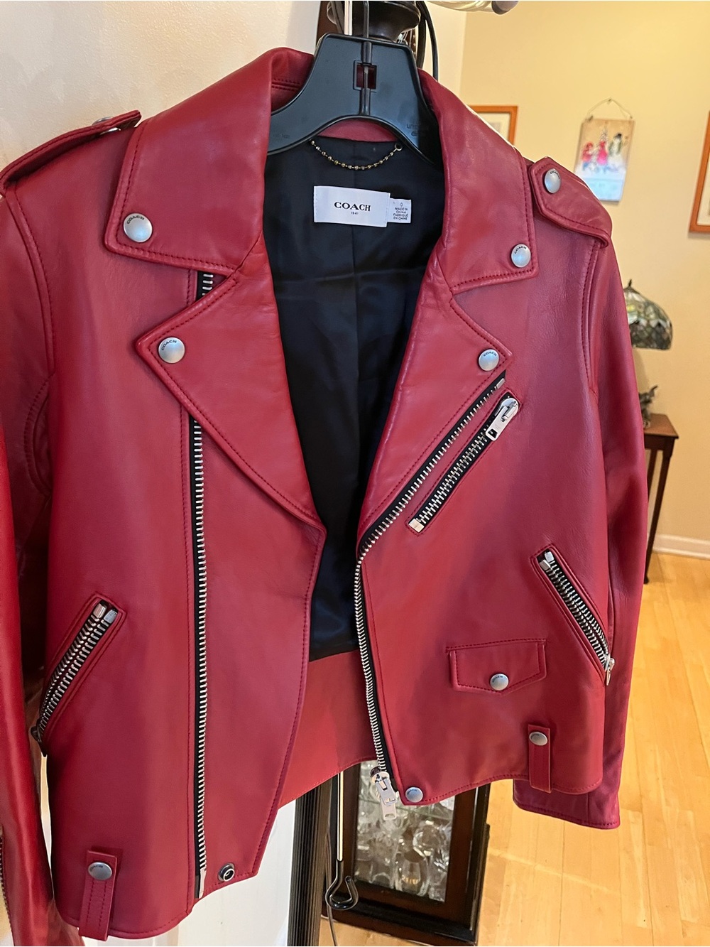 Coach Red Leather Biker Jacket with Silver Hardware